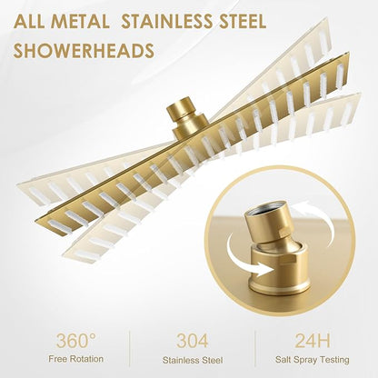 16 inch Brushed Gold Large Rain Shower Head Ceiling Mount - All Metal 304 Stainless Steel, Full Body Rainfall Shower with 324 Silicon Nozzles - Waterfall Bathroom Square Showerhead