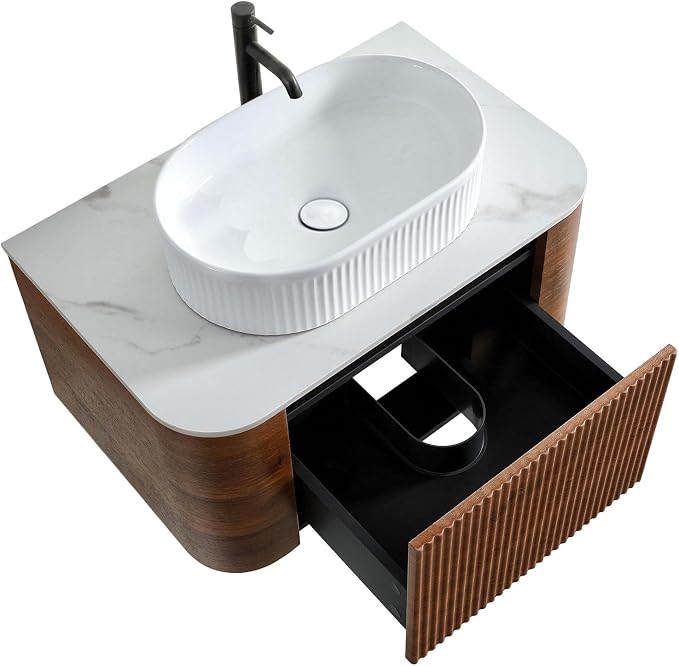 30" Preassembled Floating Bathroom Vanity with White Sink, Walnut | Mid-Century Modern Style, Fluted & Soft-Close Drawer with U-shaped Wall, Sinterted Stone Countertop, Towel Rack Included