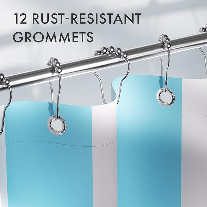 AmazerBath Blue Vertical Stripes Shower Curtain, Cute Blue Stripe Bathroom Shower Curtain with 12 Shower Curtain Hooks, Rustic Fabric Blue and White, 72x72 Inches