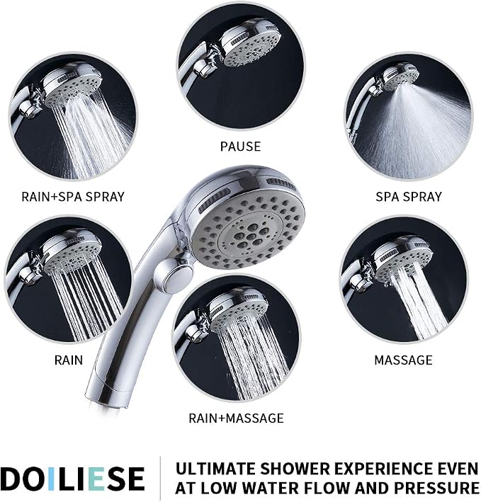 High Pressure Shower Head with Handheld Spray 6 Settings Chrome | Hand Held Shower head with On Off Switch, Spa Spray Mode, 60inches Hose