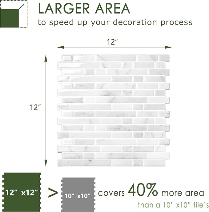 STICKGOO Thicker Peel and Stick Backsplash Tile for Kitchen and Bathroom | 10 Sheets of 12”×12” - 3D Vinyl Self Adhesive Wall Tiles Stick on Backsplash for Kitchen & Bathroom(White Marble)