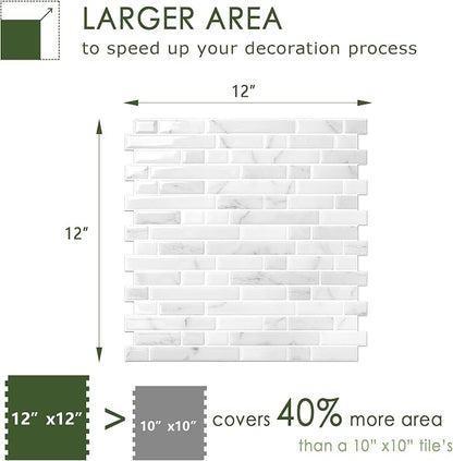 STICKGOO Thicker Peel and Stick Backsplash Tile for Kitchen and Bathroom | 10 Sheets of 12”×12” - 3D Vinyl Self Adhesive Wall Tiles Stick on Backsplash for Kitchen & Bathroom(White Marble)