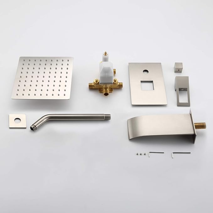 SUMERAIN Tub and Shower Faucet Set Brushed Nickel | Anti-scalding Pressure Balance Valve, 8" Rain Shower Head, Waterfall Tub Spout, With Non-return Check Valves