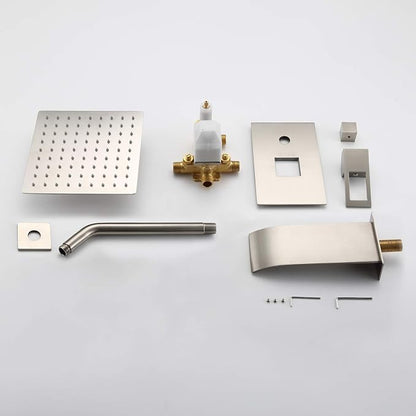 SUMERAIN Tub and Shower Faucet Set Brushed Nickel | Anti-scalding Pressure Balance Valve, 8" Rain Shower Head, Waterfall Tub Spout, With Non-return Check Valves
