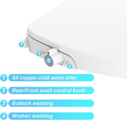 Non-Electric Bidet Toilet Seat for Round Toilet, Quiet Close & Self-Cleaning Dual Nozzles, Easy Installation, Elongated Bidet Seat with Sanitary Wash