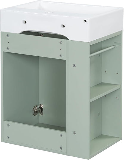 20" Floating Bathroom Vanity with Sink, Soft Closing Door,and Storage Shelves, Solid Wood Frame & MDF Modern Single Small Bathroom Vanity Cabinet with Open Shelf,Wall Mounted (Green)