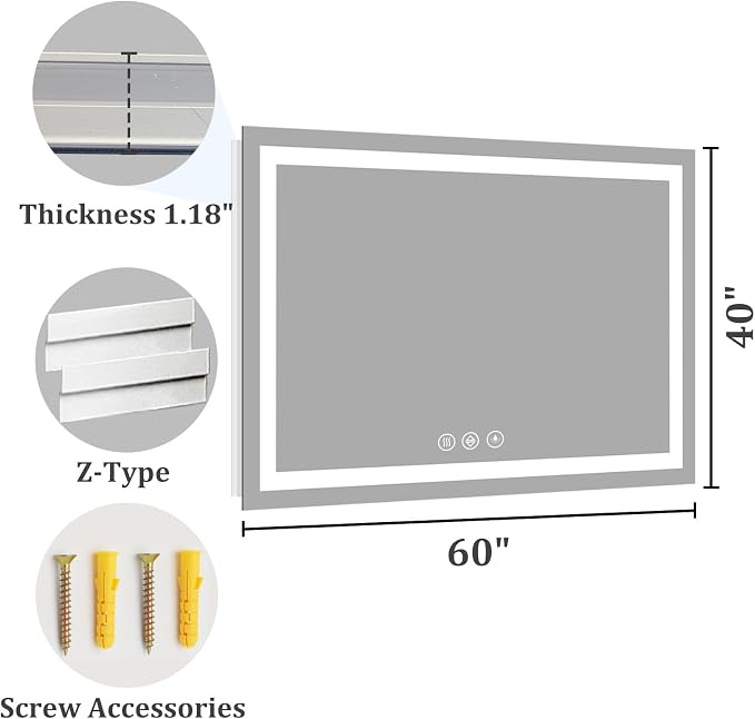 Koonmi 60x40 LED Bathroom Mirror with Light, Anti-Fog, 3 Colors | Backlit + Front Lit, Dimmable Brightness, Shatterproof HD Distortion-Free Tempered Glass, Hardware Included