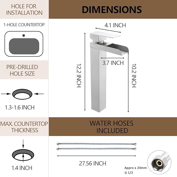 Tall Bathroom Faucet, Brushed Nickel Waterfall Bathroom Faucets for 1 Hole, Single Handle Lavatory Bathroom Vessel Sink Faucet with Hoses and Pop-up Drain KMBF015L-1