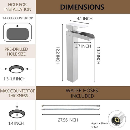 Tall Bathroom Faucet, Brushed Nickel Waterfall Bathroom Faucets for 1 Hole, Single Handle Lavatory Bathroom Vessel Sink Faucet with Hoses and Pop-up Drain KMBF015L-1