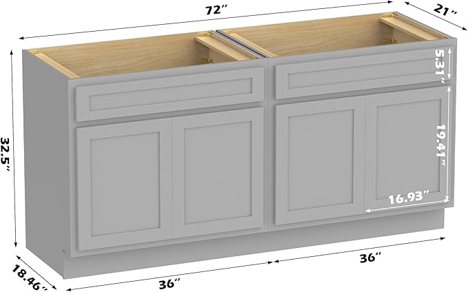 Vanity Art 72 Inch Bathroom Base Cabinet Only, Double Sink Top (Not Include Sink) with Door & Soft Close Hinge, Unassembled Floor Cabinet, Grey, 2ea 36 Inch Combo