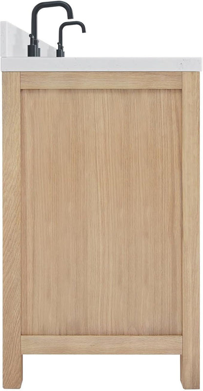 ARIEL Cambridge 66-inch Bathroom Vanity with Sink,Solid Wood, 1.5-inch Carrara White Quartz Countertop, Double Rectangular Porcelain Sink, 4 Soft Closing Doors, 6 Dovetail Drawers, White Oak