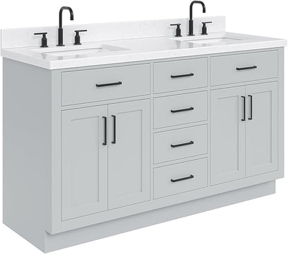 ARIEL Hepburn 60-inch Bathroom Vanity with Sink,Solid Wood, 1.5-inch Carrara White Quartz Countertop & Backsplash, Double Rectangular Porcelain Sink, 4 Soft Closing Doors, 6 Dovetail Drawers, Grey
