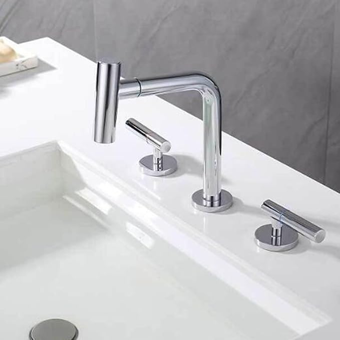 3 Hole Basin Faucets Pull Out Basin Mixer Faucet Brass 2 Mode Hot and Cold Water Double Handle Bathroom Mixer Faucet-Chrome Plated