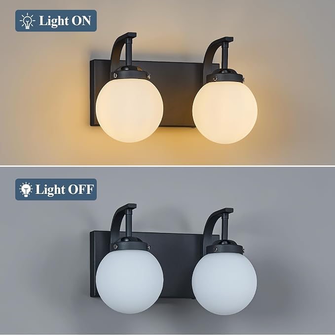 2 Lights Bathroom Vanity Light Fixtures Modern Sand Black Vanity Light with Milk White Glass Globe Shade Bathroom Lighting Over Mirror Wall Sconce for Bedroom Living Room Hallway