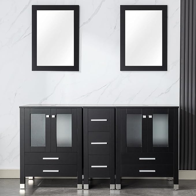 LUCKWIND 60" Double 24" Bathroom Vanity with Sink Combo, Elegant Series with One 12.6-in Side Cabinet, Painted Frame Without Sinks, Faucets and Mirrors, Black