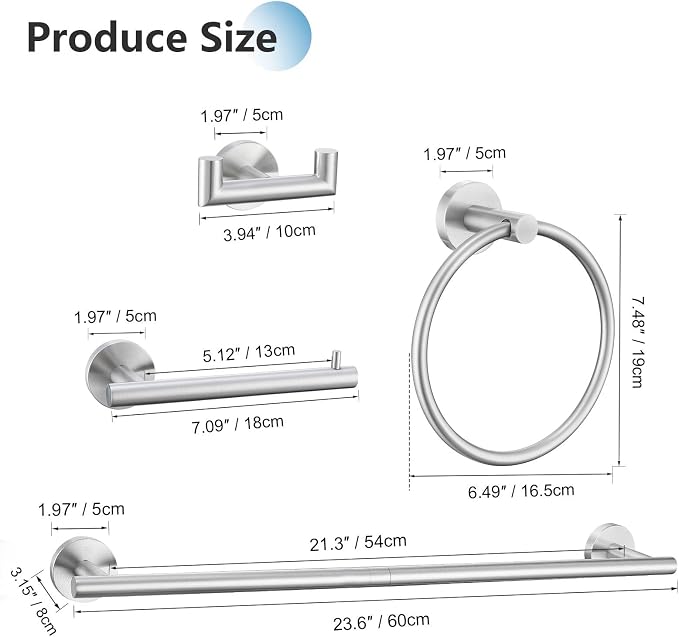 Brushed Nickel 5 Pieces Towel Bar Set Bathroom Hardware Set Upgraded Towel Hooks,Towel Holder Set for Bathroom Stainless Steel Wall Mounted 23.6 Inch