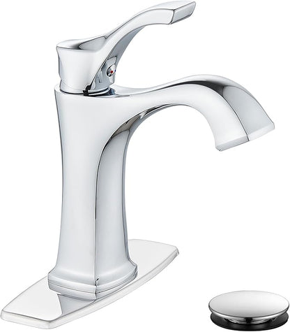 Chrome Bathroom Faucet, Sanliv Single Handle Centerset Bathroom Sink Faucet with Pop-Up Drain & Deck Plate for 1 or 3-Hole (4 inch) Installation, Modern Farmhouse Vanity Faucet, Polished Chrome