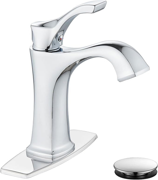 Chrome Bathroom Faucet, Sanliv Single Handle Centerset Bathroom Sink Faucet with Pop-Up Drain & Deck Plate for 1 or 3-Hole (4 inch) Installation, Modern Farmhouse Vanity Faucet, Polished Chrome