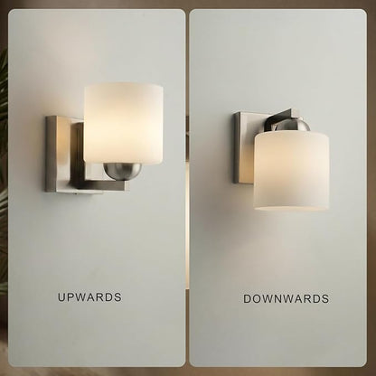 mirrea 1-Light Brushed Nickel Bathroom Vanity Light with White Glass Shade | Over Mirror,Wall Sconce,ETL listed,Bathroom Lighting Fixtures,Elegant Design,Milk White Glass Shade,Easy Installation