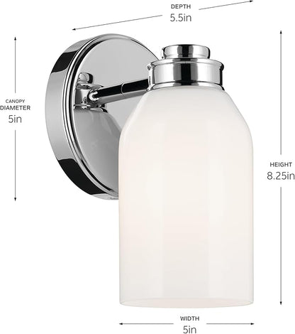 Kichler Shae 5" 1-Light Wall Sconce with White Opal Glass in Chrome, Modern, for Vanity, Fireplace, Buffet, Hallway, Vanity Mirror, (8.25" H x 5" W), 55200CH