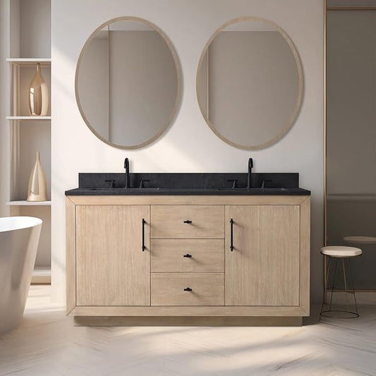 Vanity Art 60 inch Double Sink Bathroom Vanity, Vanity Cabinet with Doors and Shelf, Modern Wood Bathroom Vanity with White Marble Top, Solid Wood Frame, 3 Functioning Drawers, VA70-60-DLW-B