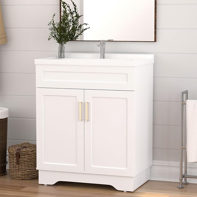 OLD CAPTAIN Bathroom Vanity with Ceramic Sink, Wooden Double Door Bathroom Vanity, 32 Inch Bath Cabinet with Sink and Storage, White