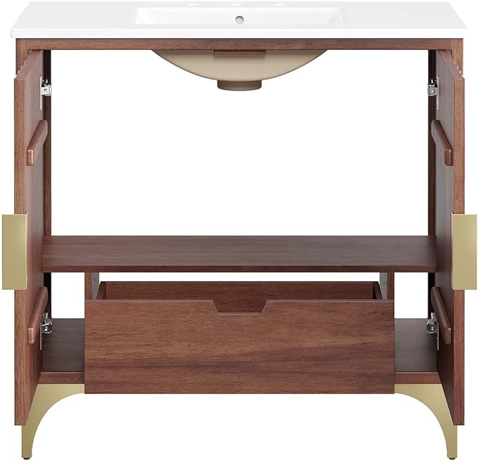 Modway Daylight Bathroom Vanity Cabinet with Ceramic Sink Basin, 36 Inch, White Walnut