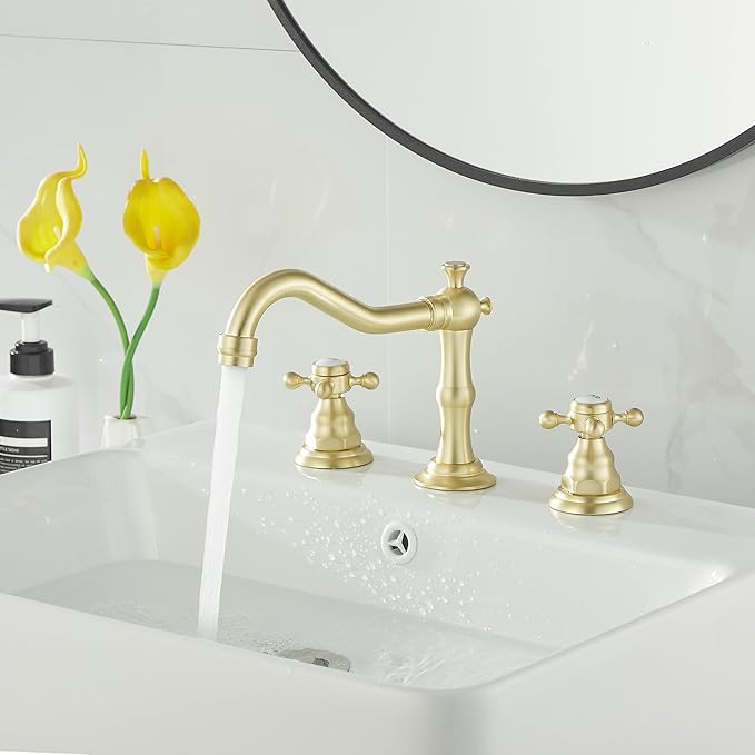 GGStudy Brushed Gold Bathroom Faucet 2 Handles 3 Holes Widespread Bathroom Sink Facuet Washingroom Faucet Mixer Tap wiith Pop Up Drain