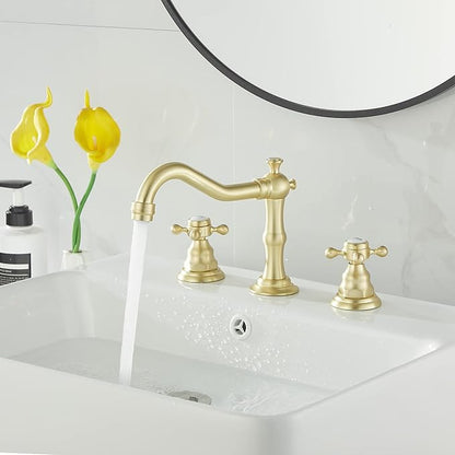 GGStudy Brushed Gold Bathroom Faucet 2 Handles 3 Holes Widespread Bathroom Sink Facuet Washingroom Faucet Mixer Tap wiith Pop Up Drain