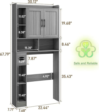 Vabches Farmhouse Over The Toilet Storage Cabinet with Barn Door, Wash Grey | Storage Cabinet Over Toilet, Home Space-Saving Toilet Rack, for Bathroom, Restroom, Laundry