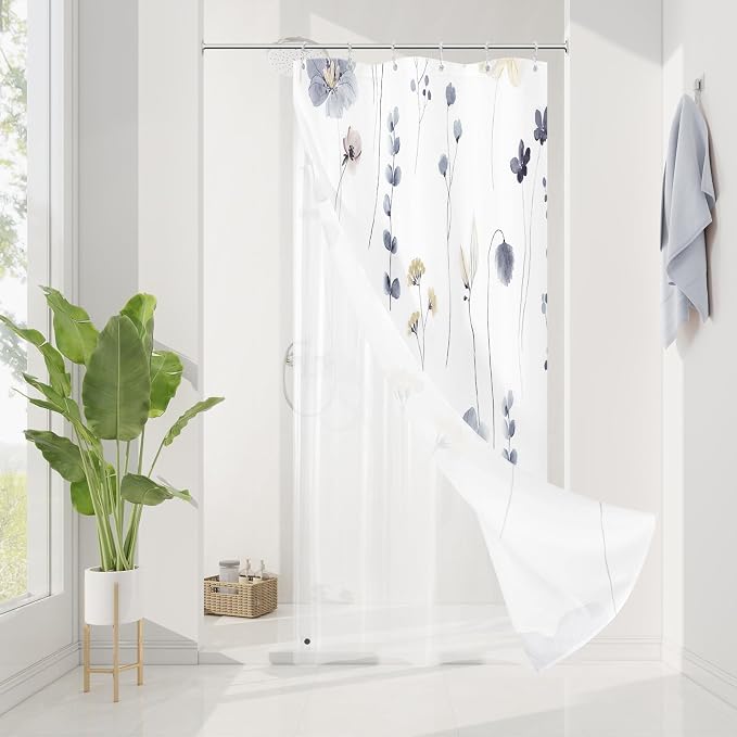Small Stall 3 in 1 Shower Curtain Set, 36x72 | Narrow Half 3 in 1 Shower Curtain Set, PEVA Liner Set & 12 Double Sided Steel Hooks, Waterproof Fabric Bathroom Curtain