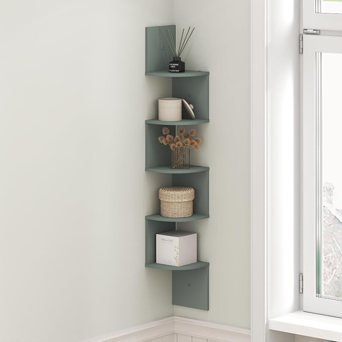 Furinno Rossi Floating Book Shelves for Wall, 5-Tier Zigzag Corner Shelf Wall Mounted, Radial Corner Floating Shelf, for Living Room, Bedroom, Bathroom, Home Office, Sage Green