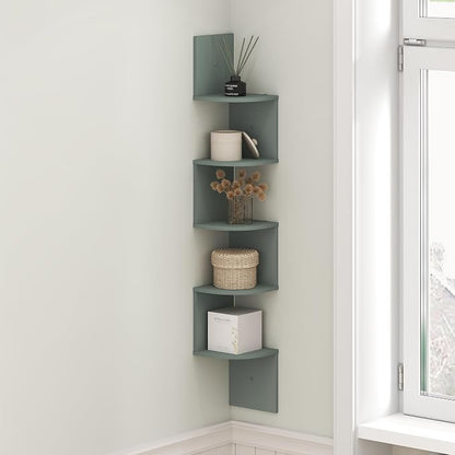 Furinno Rossi Floating Book Shelves for Wall, 5-Tier Zigzag Corner Shelf Wall Mounted, Radial Corner Floating Shelf, for Living Room, Bedroom, Bathroom, Home Office, Sage Green
