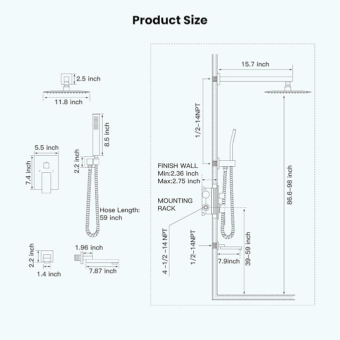 gotonovo Tub Shower Faucet Set with Valve Kit 12’’ Head,Polished Chrome | Shower System with Tub Spout,SUS304 Rain Head with Handheld Sprayer,Swivel Spout,All Metal,Rough-In Valve Trim Kit,Wall Mount