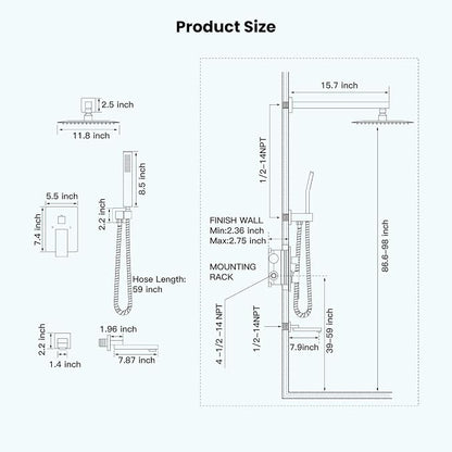 gotonovo Tub Shower Faucet Set with Valve Kit 12’’ Head,Brushed Nickel | Shower System with Tub Spout,SUS304 Rain Head with Handheld Sprayer,Swivel Spout,All Metal,Rough-In Valve Trim Kit,Wall Mount