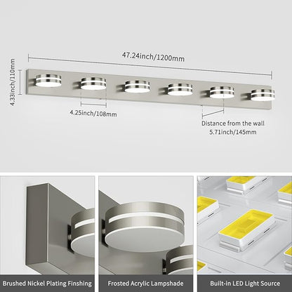 6-Light Nickel Bathroom Vanity Light Over Mirror, LED Vanity Lighting Fixtures, Modern Bathroom Wall Light Fixtures with 360°Rotating Lamp Head (Cool White 5500K)