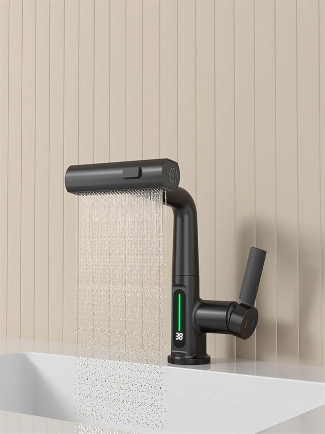 Bathroom Single Handle Basin Sink Pull Out Faucet with Rainfall Spray Head Temperature Digital Display Vanity Mixer Tap Matte Black