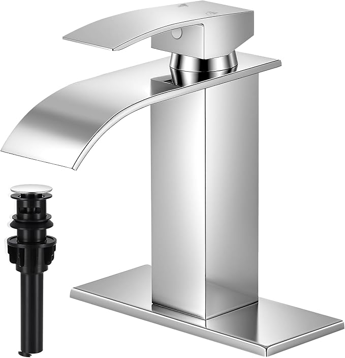 Chrome Bathroom Faucets, Waterfall Bathroom Sink Faucet Single Handle Bathroom Faucet for 1 or 3 Hole, Mixer Tap Vanity Faucet with Deck Plate, Pop-up Drain and Supply Hoses