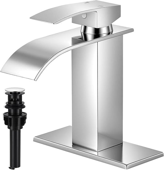 Chrome Bathroom Faucets, Waterfall Bathroom Sink Faucet Single Handle Bathroom Faucet for 1 or 3 Hole, Mixer Tap Vanity Faucet with Deck Plate, Pop-up Drain and Supply Hoses