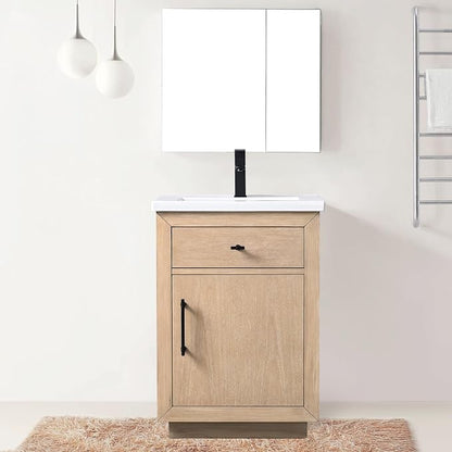 Vanity Art 24 inch Bathroom Vanity with Sink, Vanity Cabinet with Doors and Removable Shelf, Modern Wood Cabinet with Marble Top, Solid Wood Frame, Ceramic Sink,VA70-24-LW-E