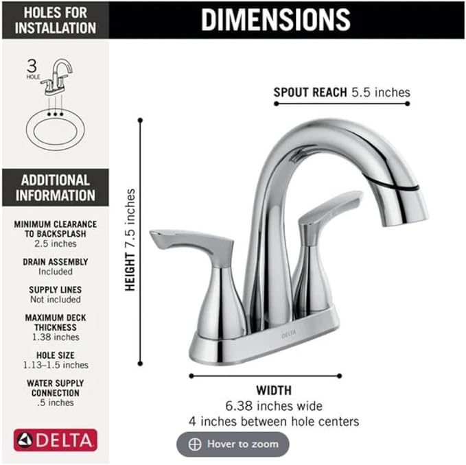Delta Broadmoor Centerset Chrome Bathroom Faucet with Sprayer, 4 Inch 3 Hole Bathroom Sink Faucet with Pull Out Sprayer, Push-Pop Drain, Chrome 25765LF-PD