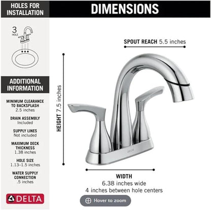 Delta Broadmoor Centerset Chrome Bathroom Faucet with Sprayer, 4 Inch 3 Hole Bathroom Sink Faucet with Pull Out Sprayer, Push-Pop Drain, Chrome 25765LF-PD