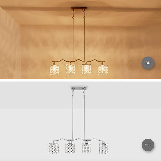 WUZUPS Crystal Chandelier 4-Light Linear Raindrop Pendant Ceiling Light Modern Lighting Fixture for Bedroom Dinning Room Bar Kitchen Island, H8.7'' W4.7'' L30.5, E12 Base, Nickel
