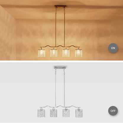 WUZUPS Crystal Chandelier 4-Light Linear Raindrop Pendant Ceiling Light Modern Lighting Fixture for Bedroom Dinning Room Bar Kitchen Island, H8.7'' W4.7'' L30.5, E12 Base, Nickel
