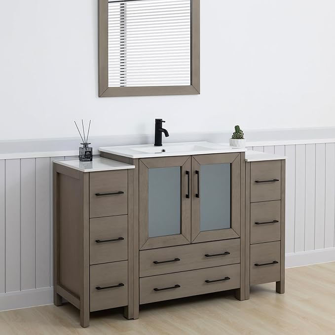 Vanity Art 54 Inch Under Mount Single Sink Bathroom Vanity Cabinet with 1 Mirror, Ceramic Top Bathroom Cabinet Compact Set with 8 Dovetail Storage Drawers and Matte Black Handles, VA3030-54-DG