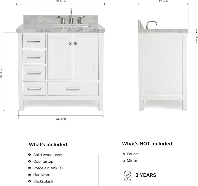 ARIEL Cambridge 36-inch Bathroom Vanity with Sink,Solid Wood, 1.5-inch Italian Carrara Marble Countertop, Single Rectangular Porcelain Sink, 2 Soft Closing Doors, 5 Dovetail Drawers, White