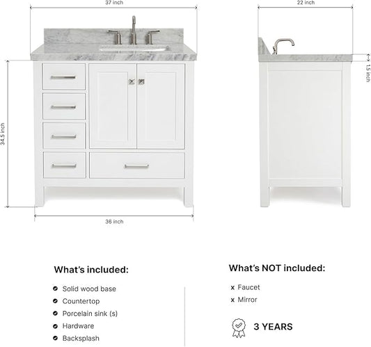 ARIEL Cambridge 36-inch Bathroom Vanity with Sink,Solid Wood, 1.5-inch Italian Carrara Marble Countertop, Single Rectangular Porcelain Sink, 2 Soft Closing Doors, 5 Dovetail Drawers, White