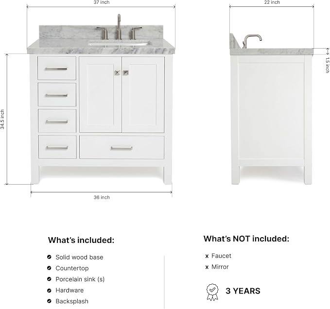ARIEL Cambridge 36-inch Bathroom Vanity with Sink,Solid Wood, 1.5-inch Italian Carrara Marble Countertop, Single Rectangular Porcelain Sink, 2 Soft Closing Doors, 5 Dovetail Drawers, White