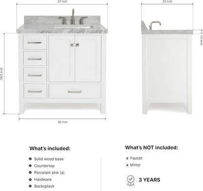 ARIEL Cambridge 36-inch Bathroom Vanity with Sink,Solid Wood, 1.5-inch Italian Carrara Marble Countertop, Single Rectangular Porcelain Sink, 2 Soft Closing Doors, 5 Dovetail Drawers, White