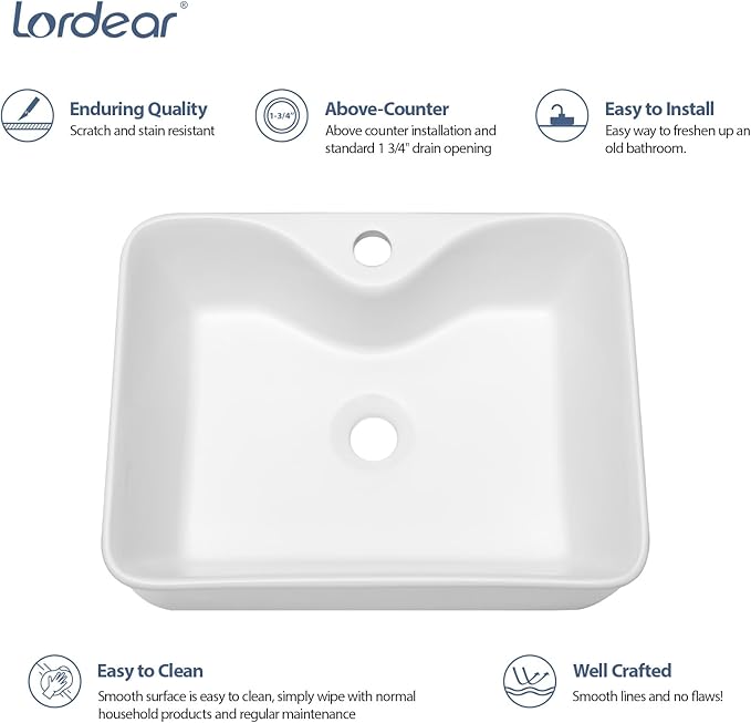 Lordear Bathroom Vessel Sink 16"x12" Rectangle Above Counter White Porcelain Ceramic Modern Vanity Sink Art Basin Sink for Bathroom